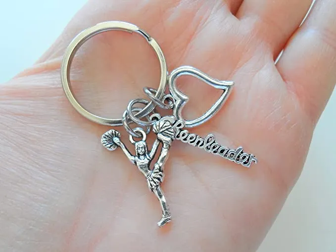 Cheerleader Charm Keychain with Heart & Cheerleader Word Charm, Cheerleading Keychain