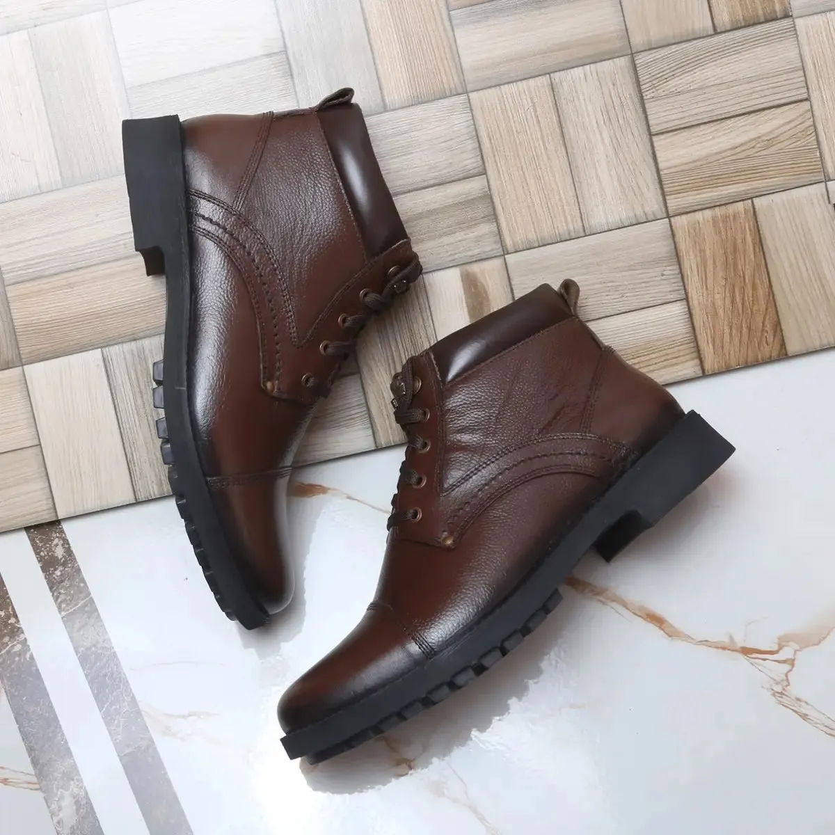 Fine-Grain Leather Lace-up High Ankle Boots 3051 for Men