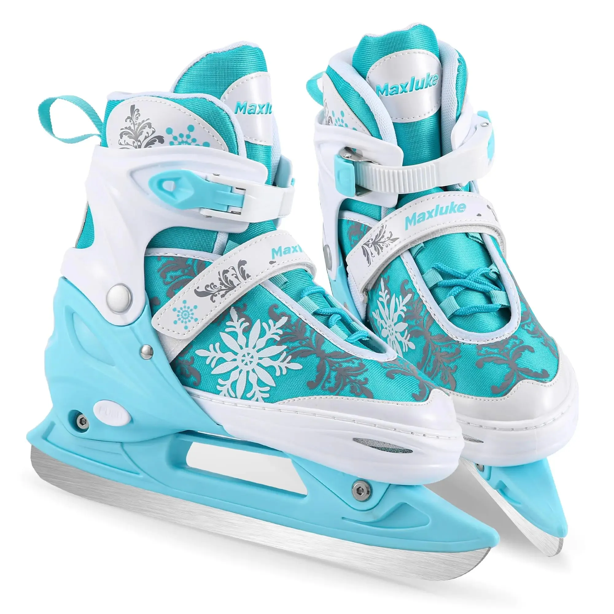 Maxluke Girls Adjustable Ice Skates | Kids Ice Hockey Skates for Girls Boys Youth | Fun Ice Skating Shoes for Outdoor and Rink | Soft Comfortable Lining | Green Snowflake Style