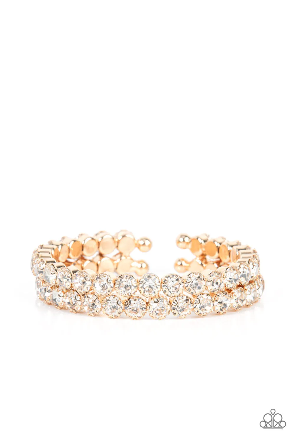 "Megawatt Majesty" Gold Metal & 2 Row White Rhinestone Flexible Cuff Bracelet
